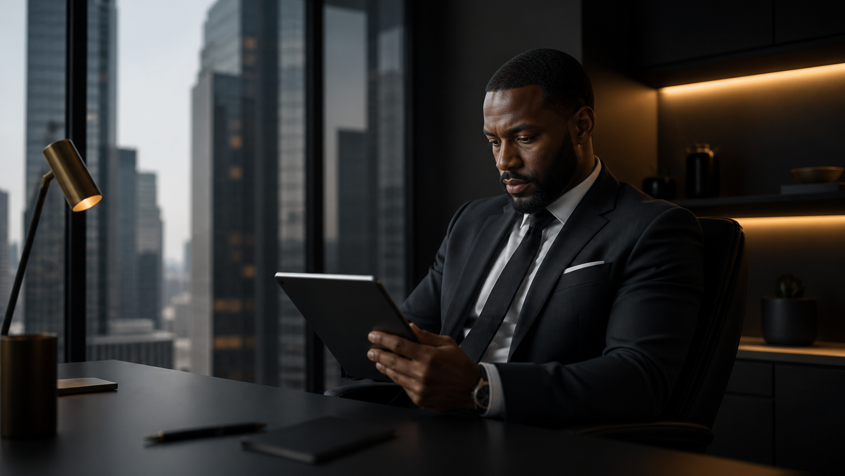 Business professional reviewing a tablet