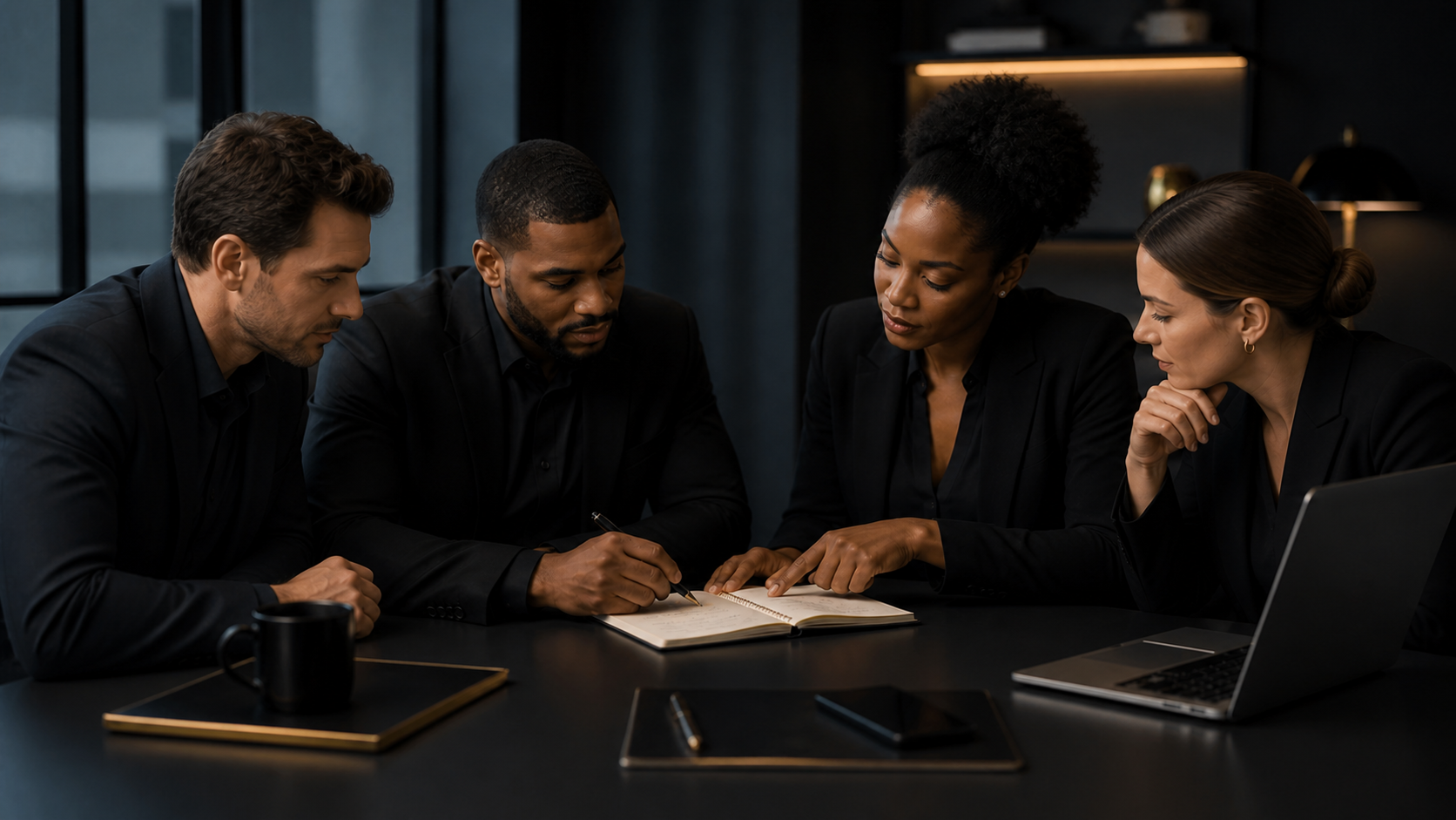 Four business professionals planning productivity habits
