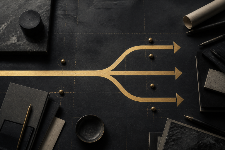 A focused gold path branching into three income routes on a dark planning desk.