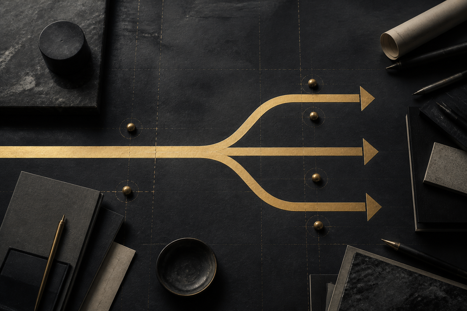 A focused gold path branching into three income routes on a dark planning desk.