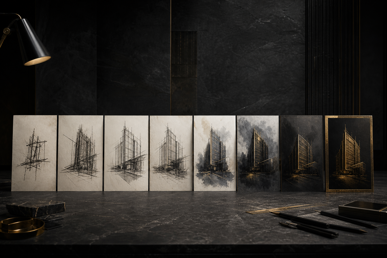 Eight steps leading from an initial sketch to a completed piece of work.